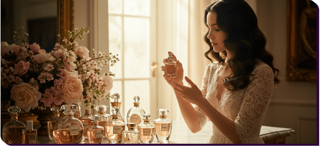 Melhores Perfumes Femininos 2025: Fragrâncias que Transformam 1 Essencia-Mulher aplicando melhores perfumes femininos 2025 em ambiente elegante